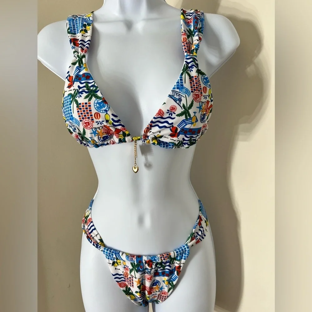 Multicolor Beach Print Thong Bikini Set